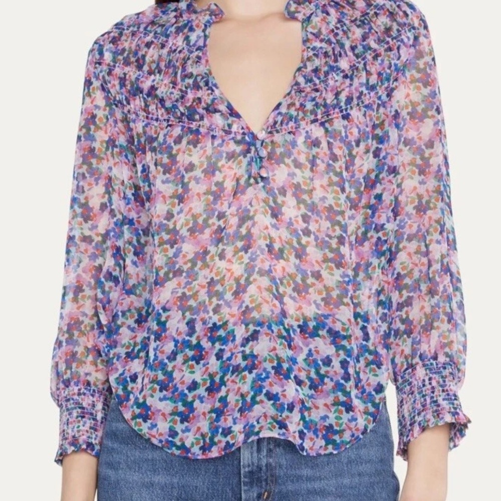 Veronica Beard Martie 100% Silk Smocked Floral Georgette Top
